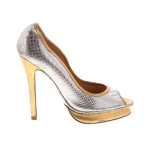 Alexandre Birman Metallic Silver Gold Peep Toe Slip-On Stiletto Heels Pumps Sz 7